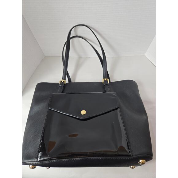 Michael Kors Black Jet Set Purse Large Patent Leather Pocket Minimalist Tote - Picture 2 of 11